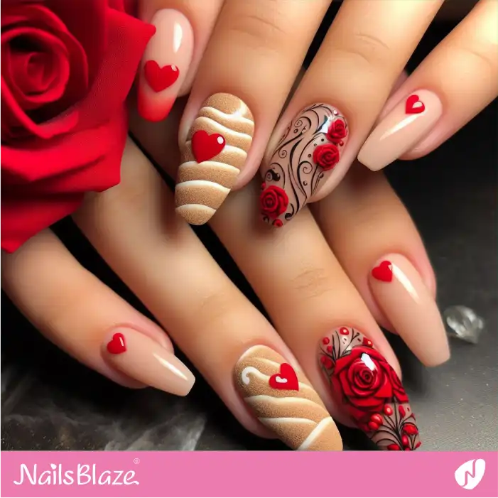 Sand-effect on Hearts and Flowers Nail Design | Valentine Nails - NB2929